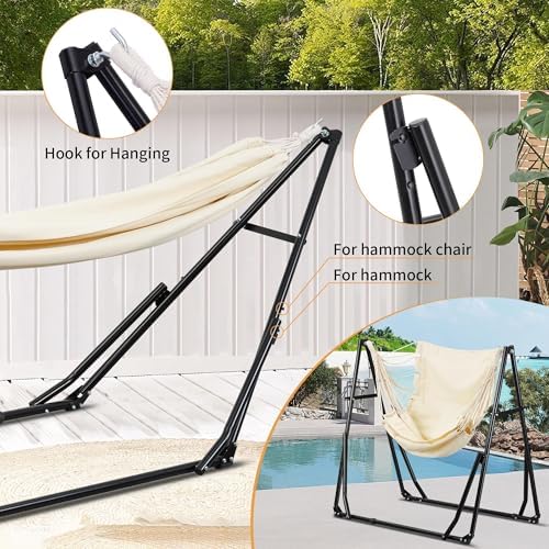 Ainfox Hammock with Foldable Stand, 2 in 1 Hammock and Swinging Chair with Carrying Bag, Portable Camping Chair Suitable for Outside, Swing,Patio,Garden,Camping Trip Beige