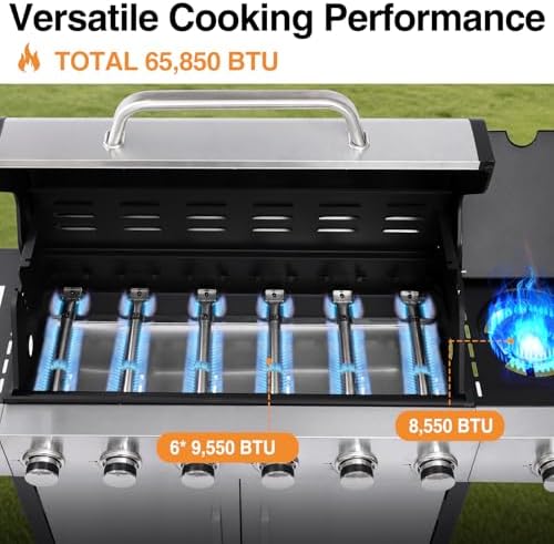 6 Burner Propane Gas Grill with Side Burner, Cast Iron Grates & Griddle Combo, Large Cabinet BBQ with Warming Rack for Backyard Patio, 620 SQ. IN. Cooking Area