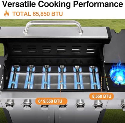 6 Burner Propane Gas Grill with Side Burner, Cast Iron Grates & Griddle Combo, Large Cabinet BBQ with Warming Rack for Backyard Patio, 620 SQ. IN. Cooking Area
