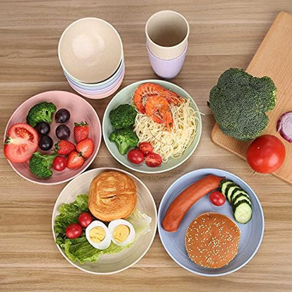 Wheat Straw Dinnerware Sets for 4 (Reusable Plates, Bowls & Cups) - Lightweight Unbreakable Dinner Camping Dishes - Dishwasher & Microwave Safe, Eco Friendly(12Pcs/Beige)