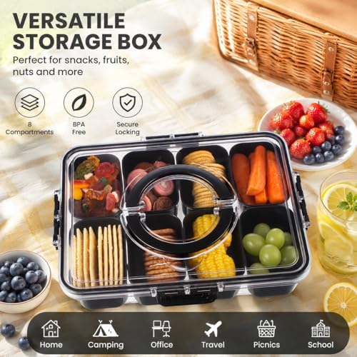 Dingerjar Divided Serving Tray with Lid and Handle - Snackle Box Charcuterie Container for Portable Snack Platters Organizer for Candy, Fruits, Nuts, Snacks - Perfect for Party, Entertaining, Black