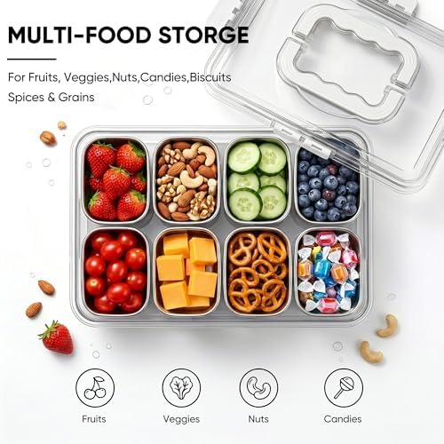 E-far Snackle Box Container, Stainless Steel Divided Serving Tray with Lid