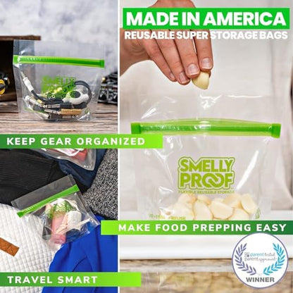 Smelly Proof 50 x Reusable Food Storage Bags, Reusable Snack Bags, Stand-Up Expandable “Stand & Fill”, Dishwasher-Safe, Clear 3-Mil 6” x 4”, US Made, BPA FREE, NO PEVA, 50-pk