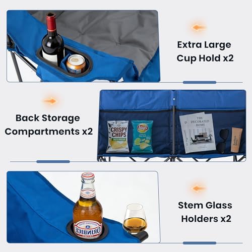 Asrug Padded Double Camping Chair 2 Person Folding Camping Chair Loveseat with Cup Holders and Side Pockets Heavy Duty Camping Couch for Outdoor Beach Fishing Garden 650lbs Support (Blue & Dark Gray)