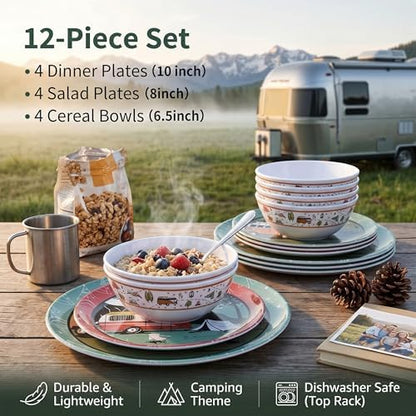 Melamine Dinnerware Set, 12-Piece Camping Dishes, Service for 4