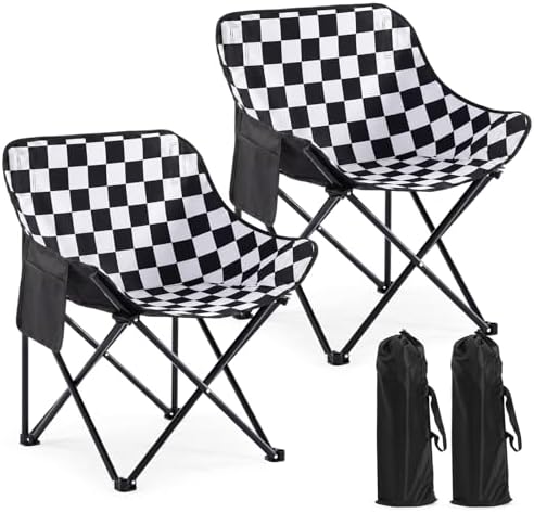 2 Pack Folding Camping Chairs Portable, Black, White, Chessboard
