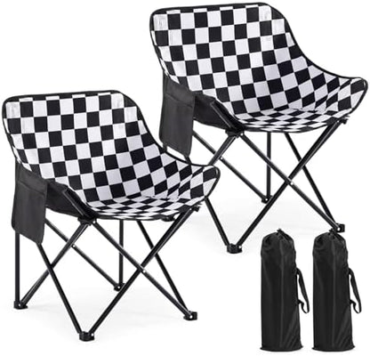 2 Pack Folding Camping Chairs Portable, Black, White, Chessboard