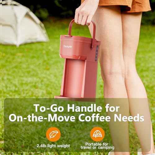 Tastyle Single Serve One Cup Coffee Maker, for K Cups and Grounds, Mini Coffee Maker with Portable Handle, 6 to 12 Oz Brew Size, for Travel, Camping, Office, RV and Dorm, 120V, Salmon Pink