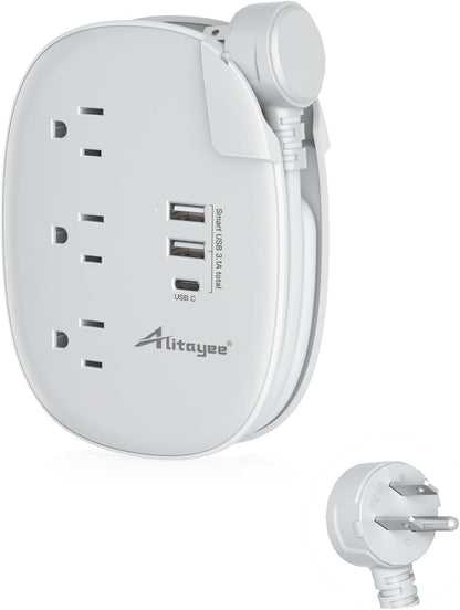 Alitayee USB C Portable Travel Power Strip with 3 Outlets 3 USB Ports Fast Charge, USB Extendable Outlet Extender with Flat Plug and 3ft Wrapped Around Extension Cord for Cruise Travel Home Office
