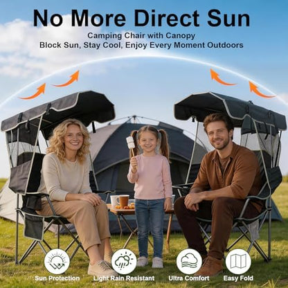Romswi Large Folding Canopy Camping Chairs for Adult 2 Pack, Portable Outdoor Chairs with Sunshade,Cup Holder & Side Pocket for Camping, Fishing, Beach, Backyard, Black