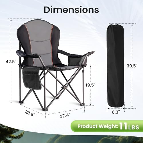 2 Pack Folding Camping Chairs for Adults - High Back Padded Outdoor Lawn Chairs with Lumbar Support & Cup Holder, 500lbs Heavy Duty Portable Camping Chairs Set (Black & Gray, 2 PCS)