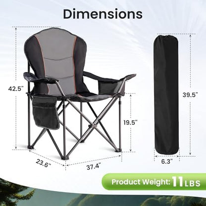 2 Pack Folding Camping Chairs for Adults - High Back Padded Outdoor Lawn Chairs with Lumbar Support & Cup Holder, 500lbs Heavy Duty Portable Camping Chairs Set (Black & Gray, 2 PCS)