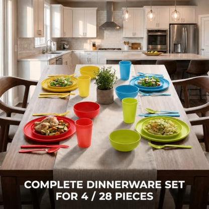 28 Piece Plates and Bowls Sets for 4, Kitchen Dinnerware Sets, Plastic