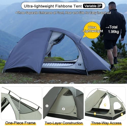 Soomloom 2-Person Lightweight Fishbone Tent Variable 2P with Inner and Groundsheet Spacious Comfortable Windproof Waterproof UV Protection Ventilation Easy Setup Camping Shelter