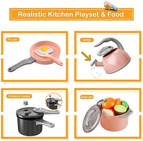 105Pcs Kids Kitchen Toy Accessories, Toddler Pretend BBQ Camping Cooking Playset, Play Pots, Pans, Utensils Cookware Toys, Play Food Set, Vegetables, Learning Gift for Girls Boys