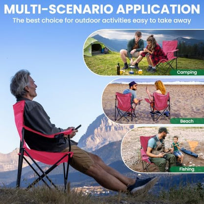 4 Pack Folding Camping Chairs for Outdoor, Foldable Portable Lawn Chairs with Carry Bag & Cup Holder, Compact Design for Camp, Beach, Picnics, and Fishing Supports 300LBS（Pink）