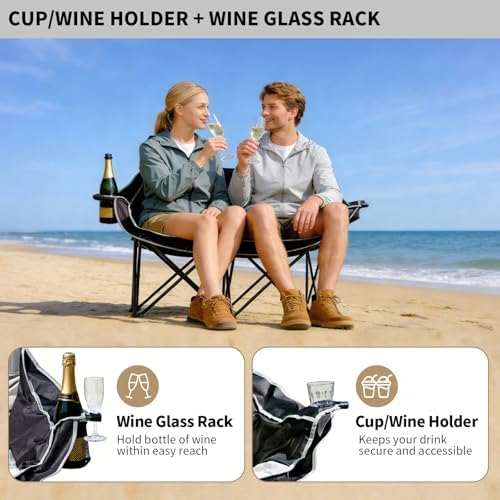 Double Camping Chairs, Heavy Duty Outdoor Camping Chair 2 Person Folding Loveseat Chair with Cup Holders for Outdoor Camping Sports Fishing for Adults