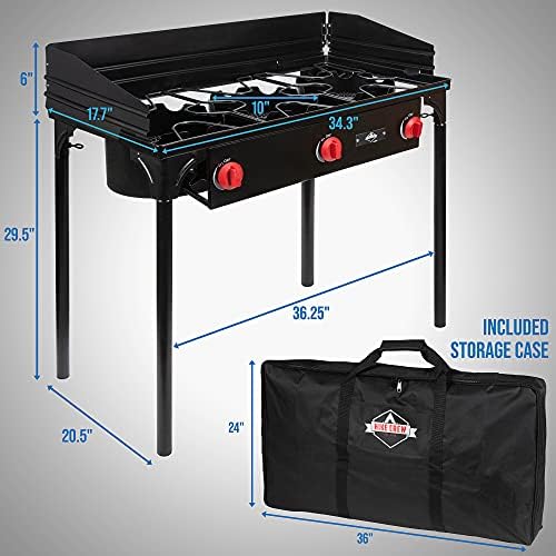 Hike Crew Cast Iron 3-Burner Outdoor Gas Stove | 225,000 BTU Portable Propane Cooktop w/Blue Flame Control, Removable Legs, Temperature Control Knobs, Wind Panel, Hose, Regulator & Storage Carry Case
