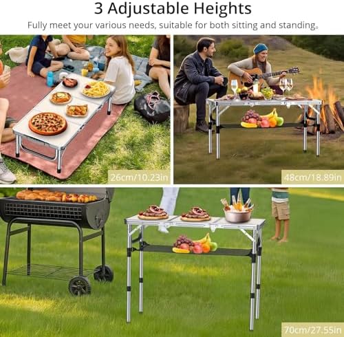 Anbte 3ft Folding Camping Table, 3 Adjustable Height Max 27.5", Silver