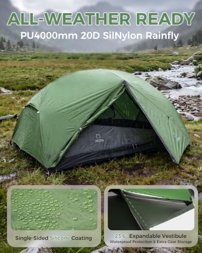 ATEPA Voyage 1-2 Backpacking Tent, Ultralight 20D SilNylon 4 Season Camping Tent, 4000mm Waterproof Freestanding Tent with Expandable Vestibule for Hiking, Bikepacking & Mountaineering