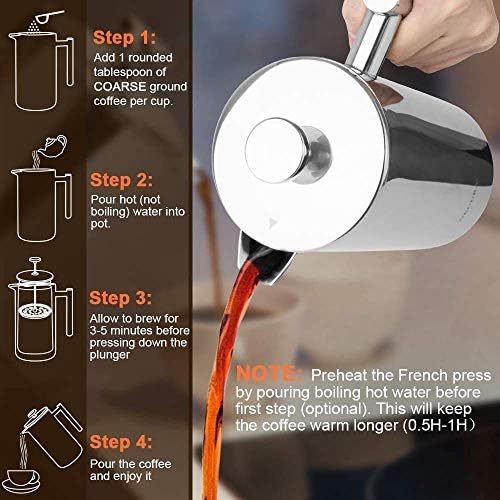 Secura French Press Coffee Maker, 304 Grade Stainless Steel Insulated Coffee Press with 2 Extra Screens, 34oz (1 Litre), Silver (Pack of 3)