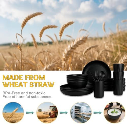 PYRMONT Dinnerware Set Wheat Straw Bowls and Plates Set Unbreakable Kitchen Dishes Service for 4 Microwave & Dishwasher Safe Plastic Dish Set for Camping,RV,Picnic-Black