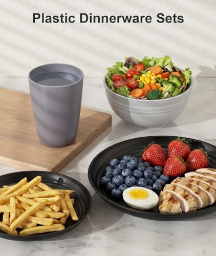 Quatish 16 Pcs Plates and Bowls Sets, Plastic Dinnerware Sets for 4, Grey