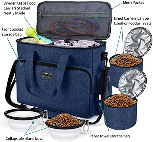 BAGLHER Dog Travel Bag, Pet Travel Bag (ALL Pet Travel Supplies), With 2 Pet Food Containers and 2 Collapsible Silicone Bowls; Essential Kits for Pet Travel Dark Blue