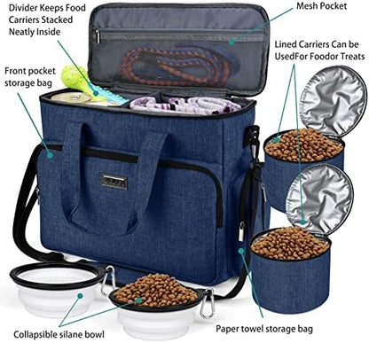BAGLHER Dog Travel Bag, Pet Travel Bag (ALL Pet Travel Supplies), With 2 Pet Food Containers and 2 Collapsible Silicone Bowls; Essential Kits for Pet Travel Dark Blue