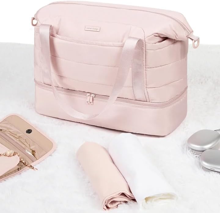 NISHEL Double-layer Weekender Bags for Women, Personal Item Duffle Bag with Shoes Compartment, Large Capacity Travel Bag, Overnight Luggage Bag with Pocket, Pink