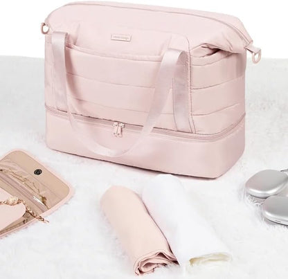 NISHEL Double-layer Weekender Bags for Women, Personal Item Duffle Bag with Shoes Compartment, Large Capacity Travel Bag, Overnight Luggage Bag with Pocket, Pink