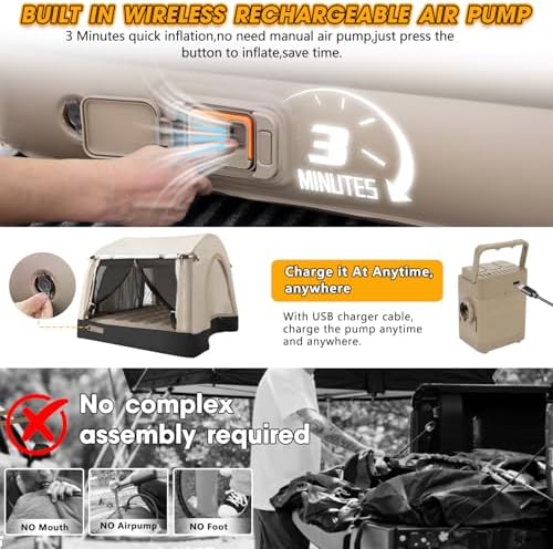 All-in-One Inflatable Truck Bed Tent with Mattress for 5.5-6.5FT,Built in Wireless Rechargeable Air Pump,3 Mins Fast Setup,Waterproof PU 2000MM Pickup Truck Tent for Camping Road Trip