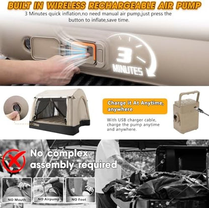 All-in-One Inflatable Truck Bed Tent with Mattress for 5.5-6.5FT,Built in Wireless Rechargeable Air Pump,3 Mins Fast Setup,Waterproof PU 2000MM Pickup Truck Tent for Camping Road Trip