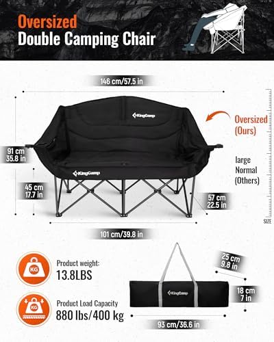 KingCamp Double Camping Chair, Oversized 880lbs Heavy Duty Loveseat XL