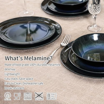 Melamine Dinnerware Set, Blue Cosmic Dinner Dishes Set for 4