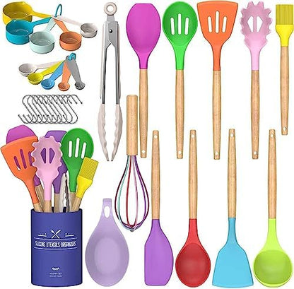 Umite Chef Kitchen Cooking Utensils Set, 33 pcs Non-stick Silicone Cooking Kitchen Utensils Spatula Set with Holder, Wooden Handle Silicone Kitchen Gadgets Utensil Set (Colorful)