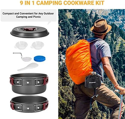 KingCamp 7/9/18Pcs Camping Cookware Mess Kit Camping Cooking Set Non-Stick Hard-Anodized Aluminum Camping Gear Camping Pots and Pans Set with Tableware for Outdoor Backpacking Hiking Picnic Backyard