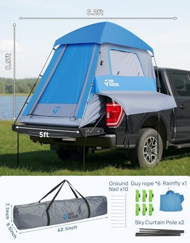 JOYTUTUS Automatic Truck Tent, Easy Set-up, Portable Truck Bed Tent 5.5FT-6.5FT with Rainfly, Truck Camping Tent with Waterproof PU2000mm Double Layer for 2 Person