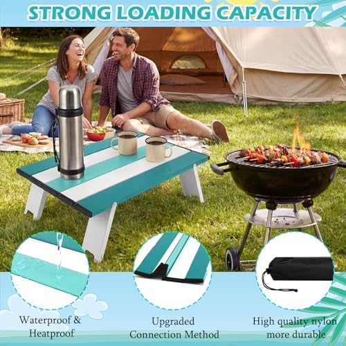 CroBlissful Beach Table Folding Camping Portable Table Striped White Aluminum Side with Carry Bag for Summer Camping Picnics and Outdoor Activities(16x11x5 in,Mint Green)