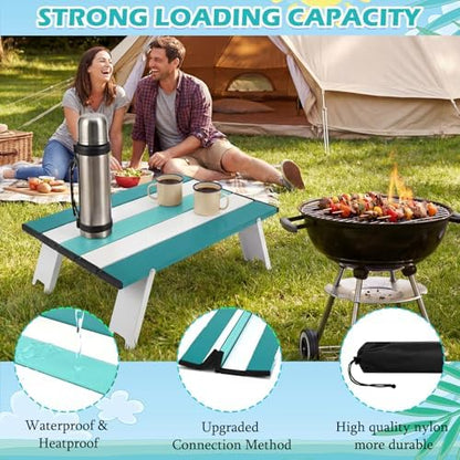 CroBlissful Beach Table Folding Camping Portable Table Striped White Aluminum Side with Carry Bag for Summer Camping Picnics and Outdoor Activities(16x11x5 in,Mint Green)