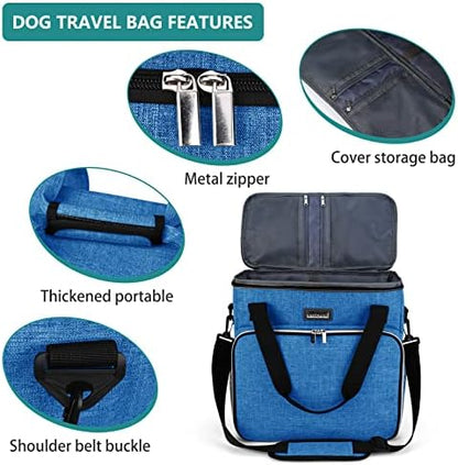 BAGLHER Dog Travel Bag, Pet Travel Bag (ALL Pet Travel Supplies), With 2 Pet Food Containers and 2 Collapsible Silicone Bowls; Essential Kits for Pet Travel Blue