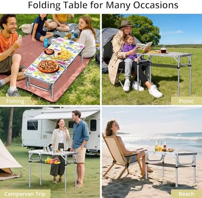 Anbte 3ft Folding Camping Table, 3 Adjustable Height Max 27.5",Floral Bloom