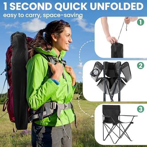 4 Pack Folding Camping Chairs for Adults, Foldable Portable Lawn Chairs with Carry Bag & Cup Holder, Compact Design for Camp,Beach, Picnics,and Fishing Supports 300LBS（Black）