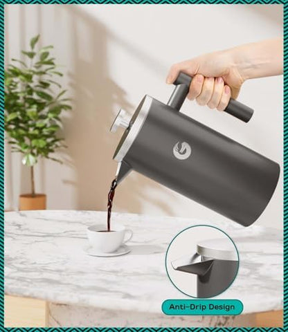 Coffee Gator French Press Coffee Maker 34 oz, Non-Toxic, Gray