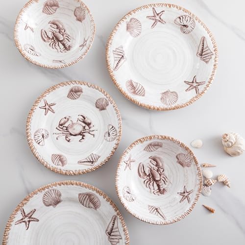 Rustic Farmhouse Melamine Dinnerware Sets, 12 Piece Oceanic Theme Plates and Bowls Set for Patio, Vintage Coastal Dishes Dinnerware Set of 4, Great for Camper, RV, Antique Tan Brown