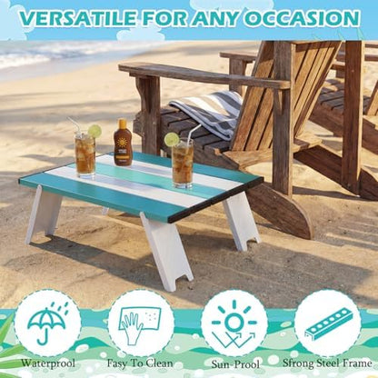 CroBlissful Beach Table Folding Camping Portable Table Striped White Aluminum Side with Carry Bag for Summer Camping Picnics and Outdoor Activities(16x11x5 in,Mint Green)