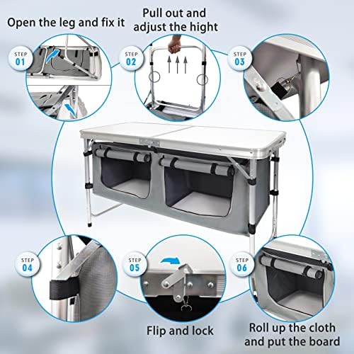 Folding Camping Table with Storage, Adjustable Height