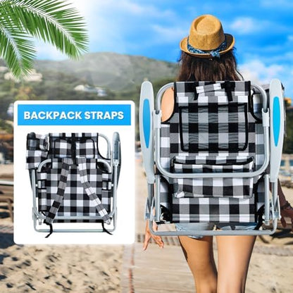 2 Pack Lightweight Portable Camping Beach Chair for Adults, Outdoor Lay Flat Folding Beach Chairs with 5 Positions, Backpack Beach Chair with Towel Bar, Zipper Pouch, Cup Holder, Plaid
