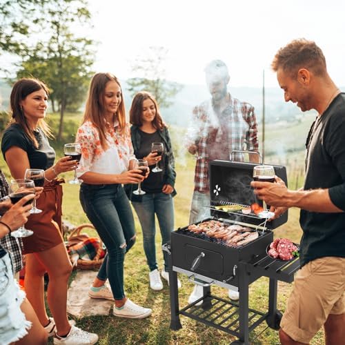 45.6" Portable Charcoal Grill,Metal Outdoor Barbecue Smoker,Heavy Duty Outdoor BBQ Grill,Vertical Camping Barbecue Grill,with Foldable Side Table & Wheels,for Garden Patio Beach Backyard (Black)