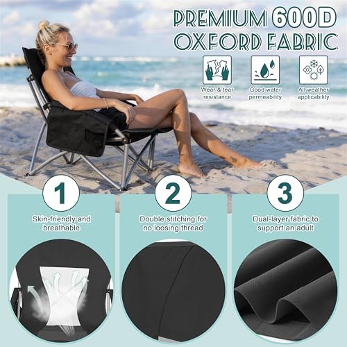 HaSteeL Low Beach Chairs for Adults, Lightweight Camping Folding Chair with Carrying Bag, Portable for Outdoors Lawn Backyard Patio RV Trip Fishing Sport Tailgating, Support 300LBS, Black, 2 Pack